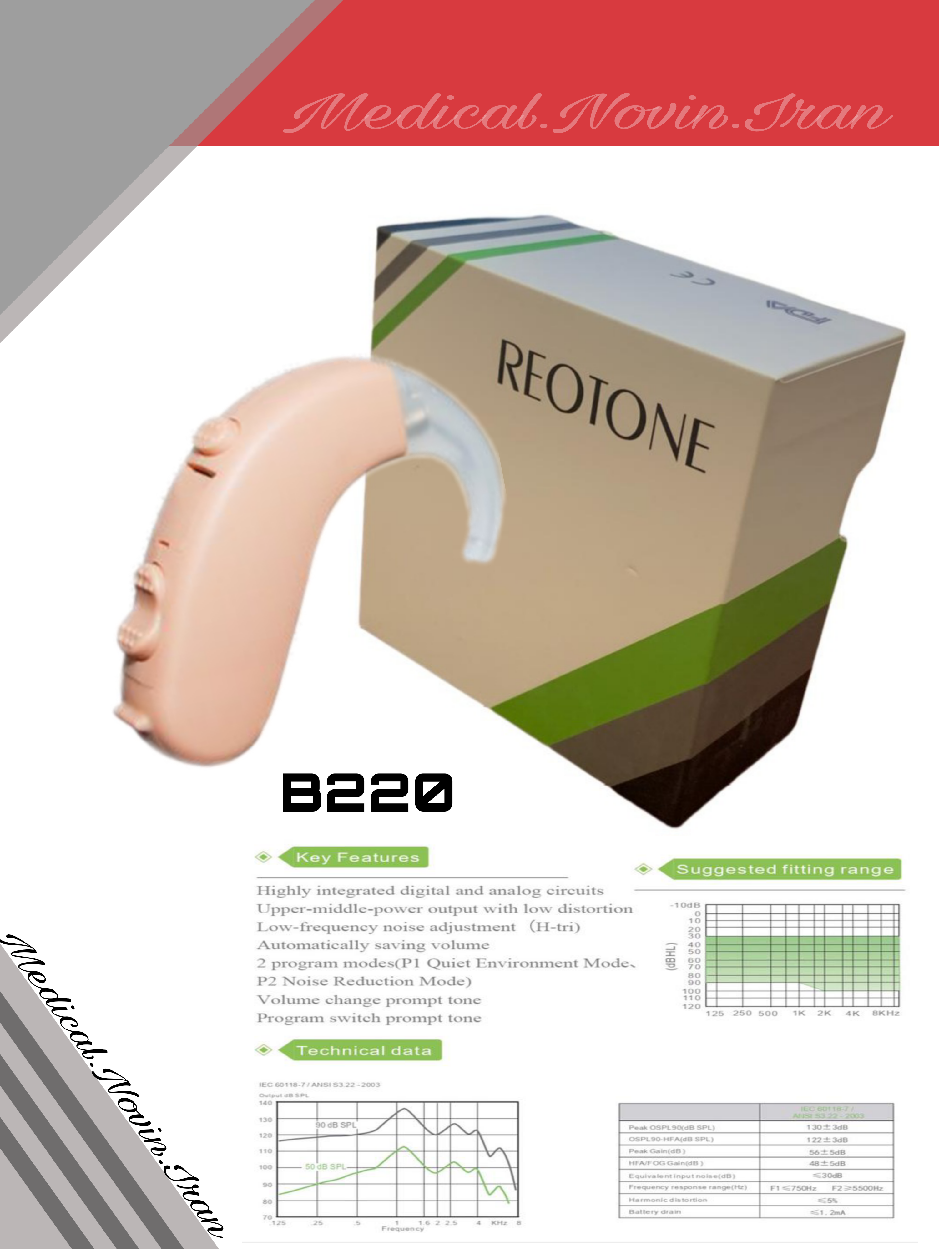 سمعک ریوتون ژاپن مدل B220 | سمعک دیجیتال پشت گوشی Reotone B220 با کیفیت صدای شفاف